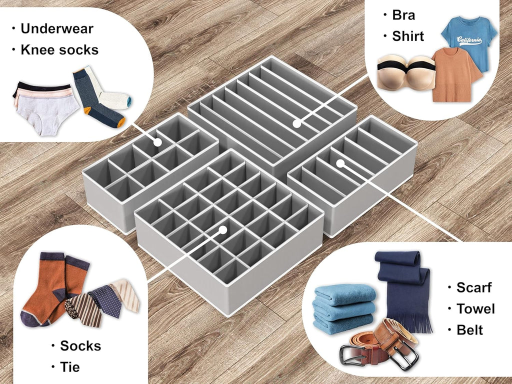 Simple Houseware Drawer Organizer Set - 4-Pack Closet Dividers for Underwear, Socks, Bras | Foldable Gray Storage Boxes