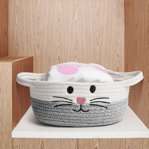 Small Woven Baskets for Organizing Rope with Handle Cute Cotton Basket for Nursery Gift Dog Cat Toy Storage Basket for Toy Organizer-Gray