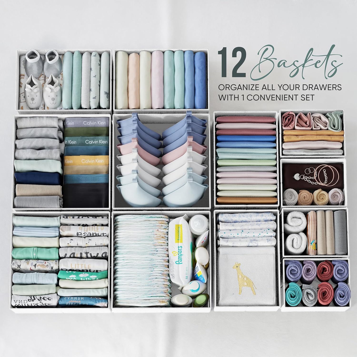 Skiennix Drawer Organizer Set of 12 - Stylish White-Grey Dresser Storage for Nursery & Bedroom