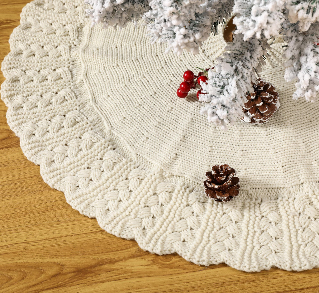 Aeranto Ivory Knitted Christmas Tree Skirt, Cozy Cable Knit Design with Scalloped Edge and Ties, Rustic Farmhouse Holiday Décor for Christmas Tree Base(Ivory, 36")