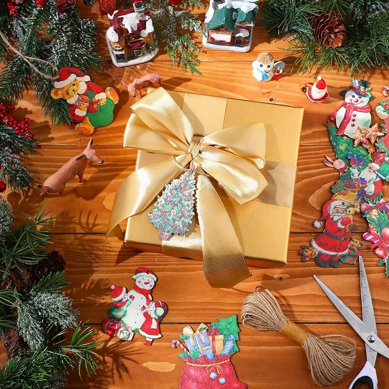 Sawysine 48 Pcs Vintage Wood Christmas Ornaments with 10m Rope - Retro Santa, Reindeer & More (Variation: Retro)