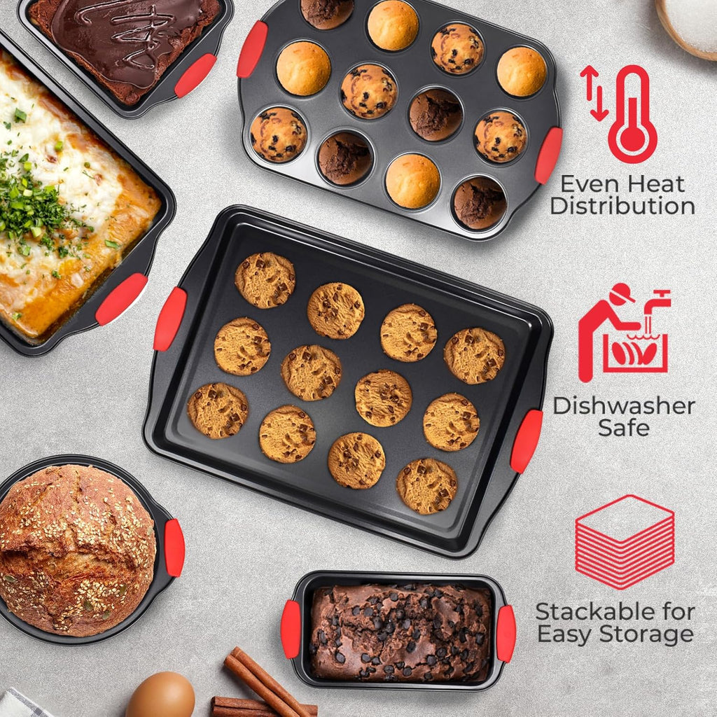 PERLLI Non-Stick Baking Pan Set - 6-Piece BPA-Free Carbon Steel Bakeware with Silicone Handles | Oven Safe Up to 446°F
