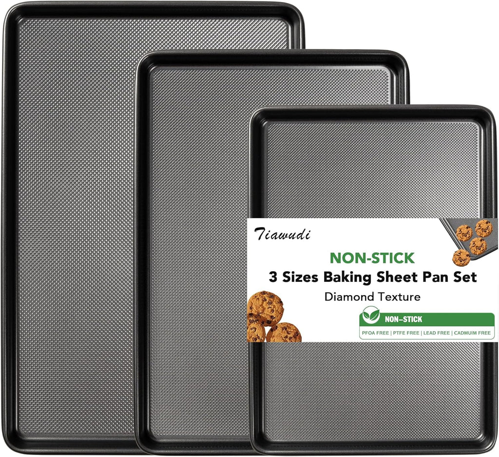 Tiawudi Baking Sheet Pan Set - Heavy Duty Nonstick Cookie Sheets | 0.8mm Carbon Steel, Set of 3