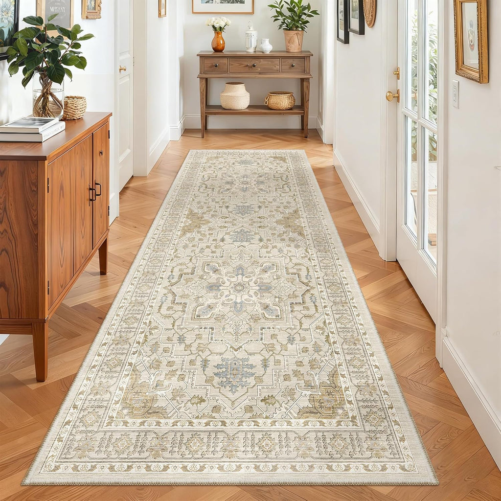Madane Hallway Runner - Vintage Washable 3x8 Kitchen Rug | Non-Slip Indoor Area Carpet in Beige/Blue