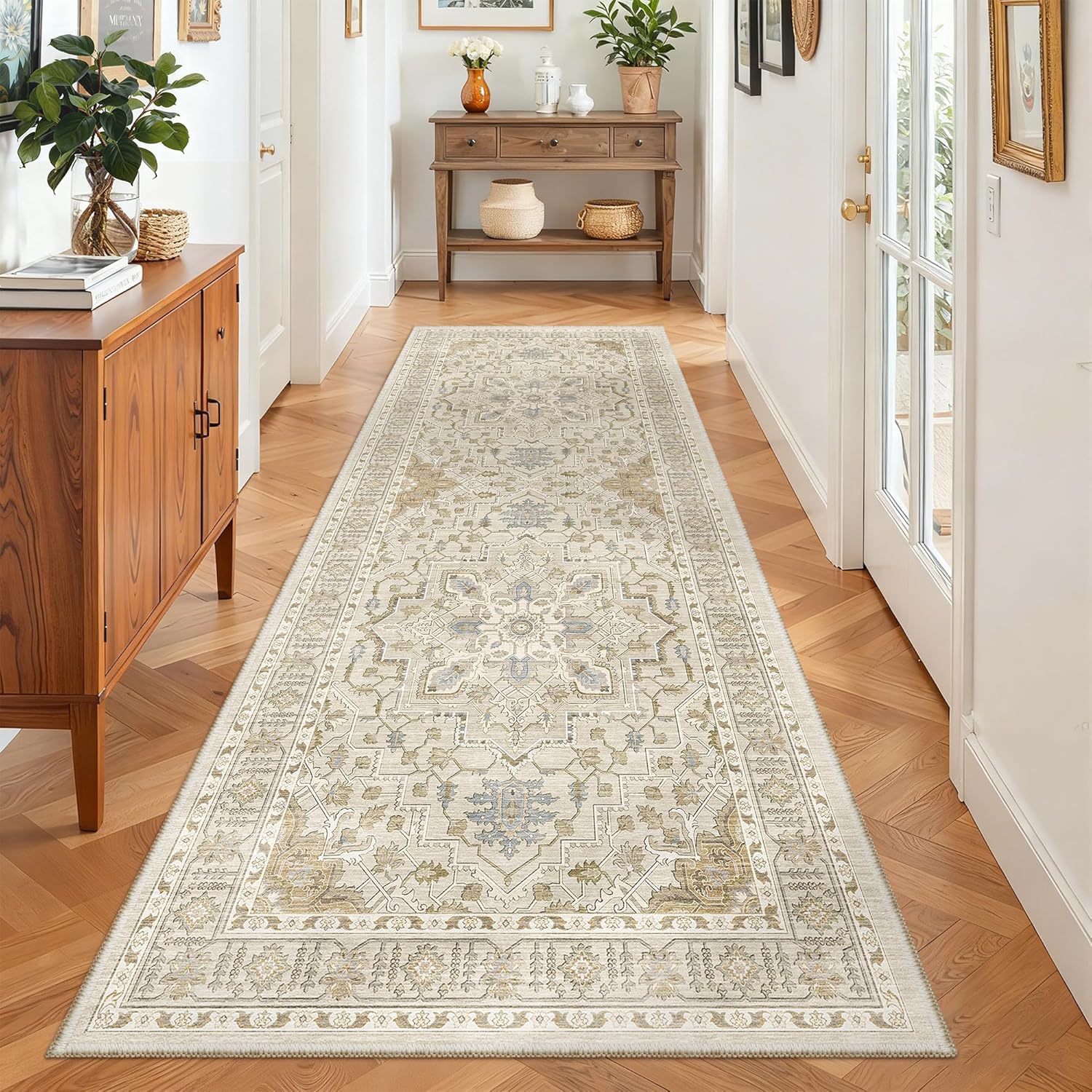 Madane Hallway Runner - Vintage Washable 3x8 Kitchen Rug | Non-Slip Indoor Area Carpet in Beige/Blue