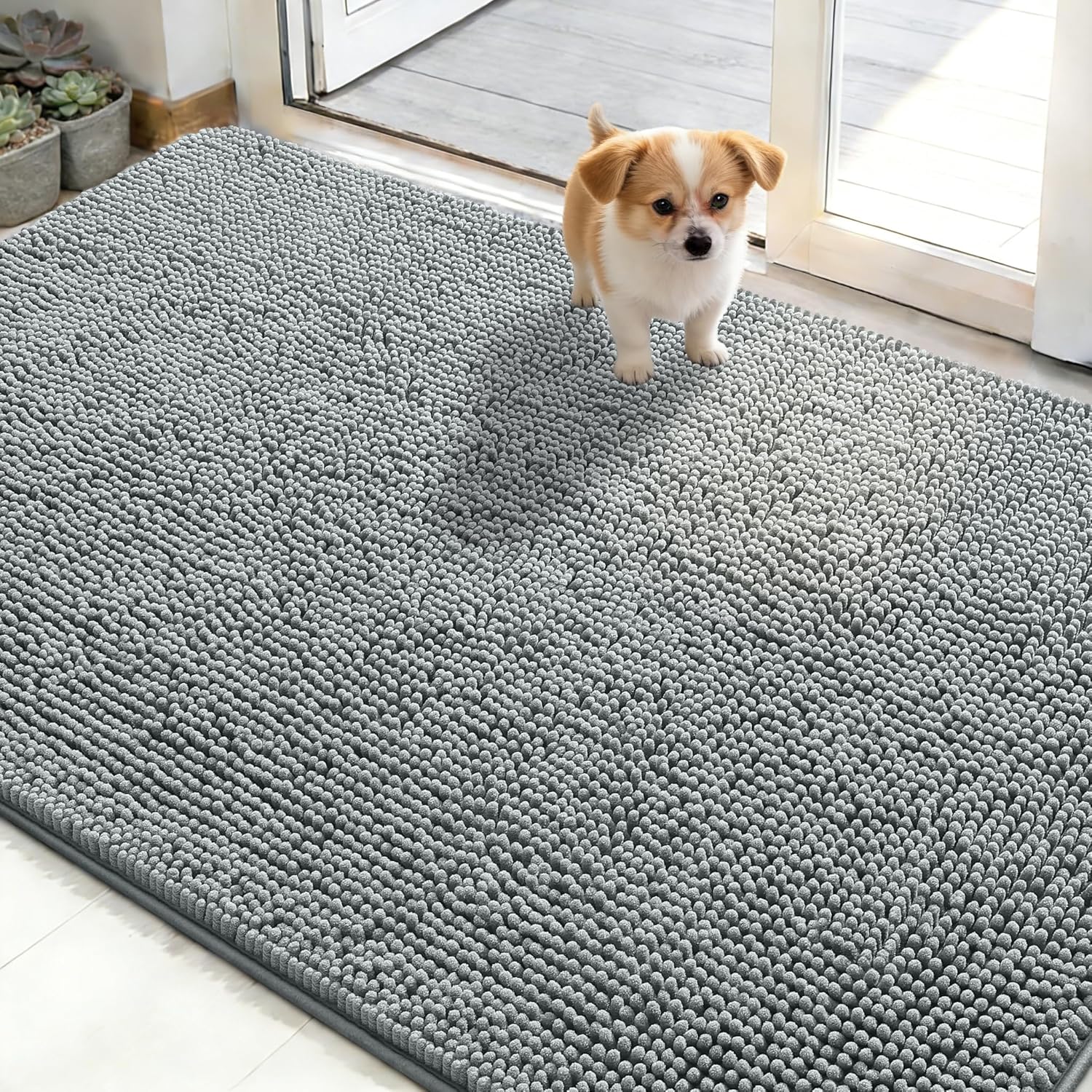 OLANLY Dog Door Mat - Absorbent Non-Slip Chenille Mat for Muddy Paws | 48x30 Inches, Quick Dry, Grey
