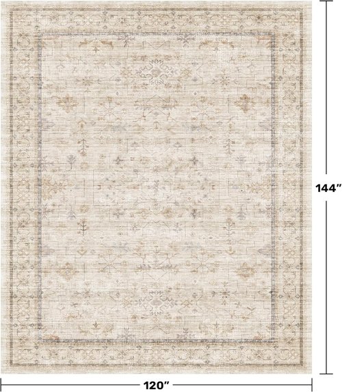 Beige Cream Area Rug 10x12 - Soft Geometric Floral Design for Living Room & Bedroom | Stain Resistant, Non-Slip