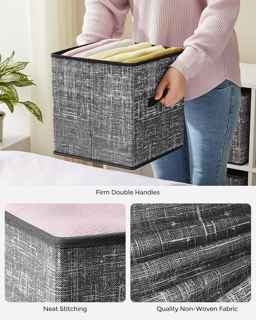 SONGMICS Storage Cubes - 11-Inch Foldable Non-Woven Fabric Bins with Double Handles | Set of 6 in Classic Black for Closet Organization
