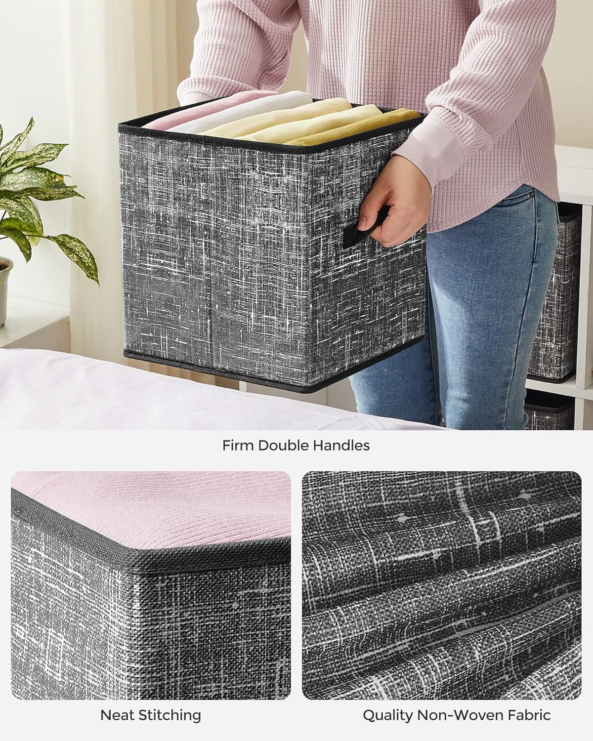 SONGMICS Storage Cubes - 11-Inch Foldable Non-Woven Fabric Bins with Double Handles | Set of 6 in Classic Black for Closet Organization