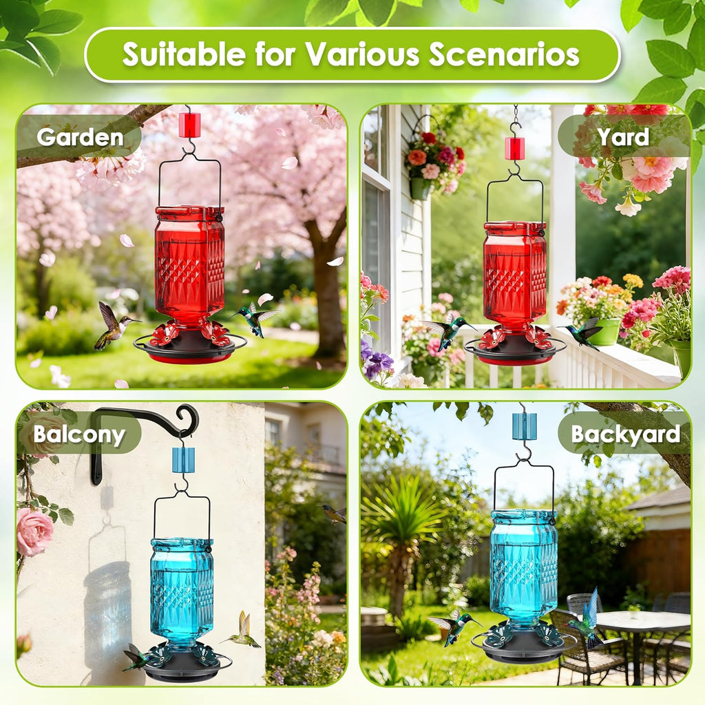 Skiennix 20oz Glass Hummingbird Feeder - Outdoor Hanging Design with Bee Guard & Ant Moat, Red (2 Pack)
