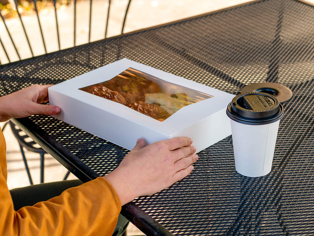 SCT White Window Bakery Boxes with Attached Flip Top, 4-Corner Beers Design, 8 x 8 x 2.5, White, Paper, 200/Carton