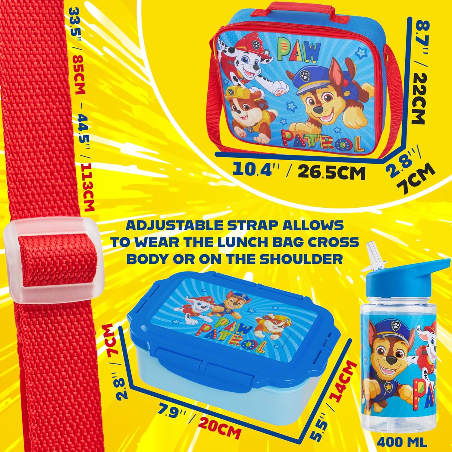 Paw Patrol Kids' Water Bottle & Lunch Box Set - Insulated 3-Piece Bag Set for School | Blue
