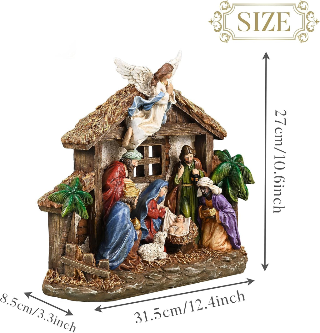Valery Madelyn Christmas Nativity Figurines - LED Lights Holy Family Set | 10.6 Inch Resin Manger for Holiday Decor