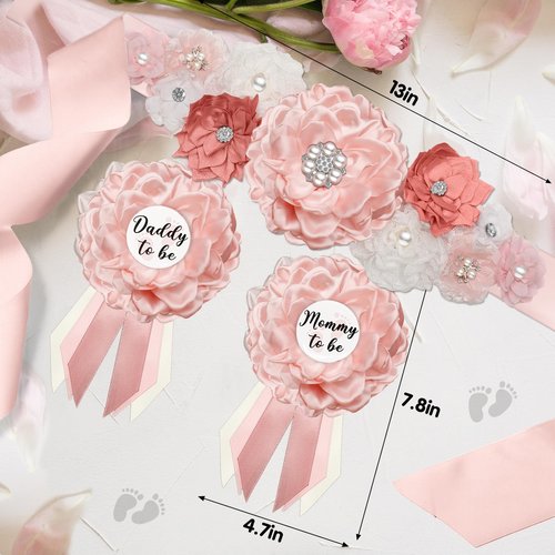 Baby Shower Maternity Sash Belly Belt, Pink Mom to Be Sash Daddy to Be Corsage Pin Baby Shower Decorations for Girl, Pregnancy Photo Props Supplies,Gender Reveal Decorations