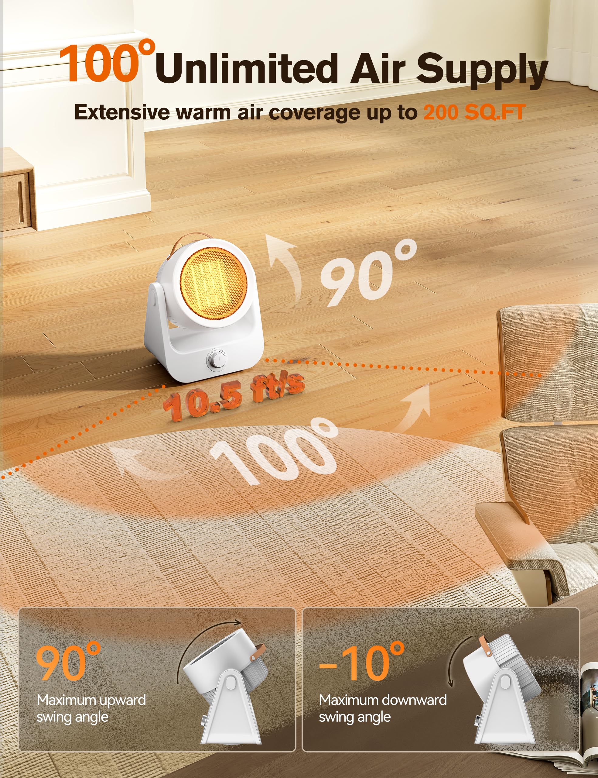 Electric Space Heaters For Indoor Use, 100°unlimited Oscillating, 2S Instant Heating, 1500WPTC Ceramic Electric Patio Heaters For HomeOffice, Tip-Over & Overheat Protection, 2 Heating Modes, SnowWhite