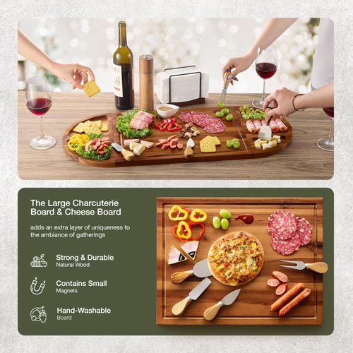 TIDITA 30 inch Large Acacia Wood Charcuterie Board with 4 Knives Set, Magnetic - 3 Parts Wooden Round Tray for Cheese - Long Appetizer Board for Serving Food Platter Cracker Snack