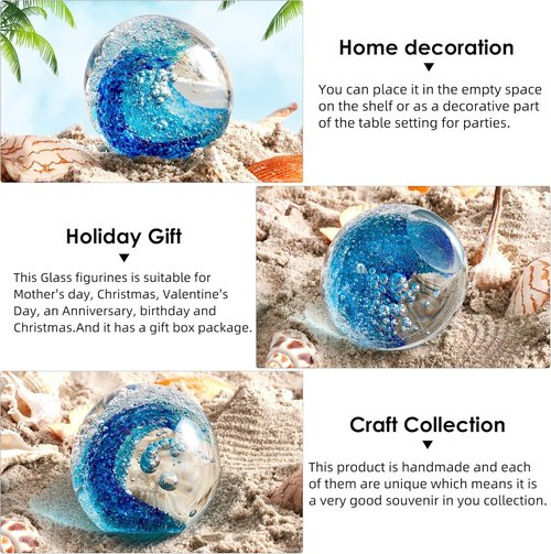 EUSTUMA Hand Blown Glass Figurine - Ocean Waves Paperweight | Unique Home Decor for Ocean Lovers