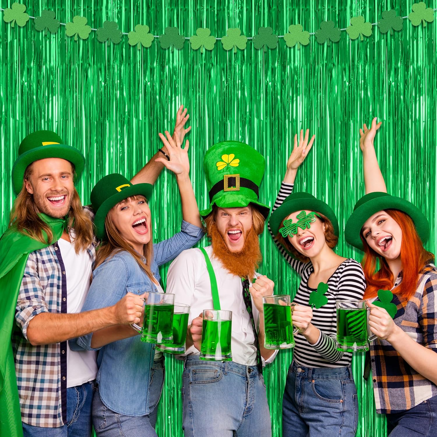 Skiennix Green Streamer Backdrop - 12 Pack Metallic Foil Fringe Curtains | 3.28 FT x 7.05 FT Party Decor