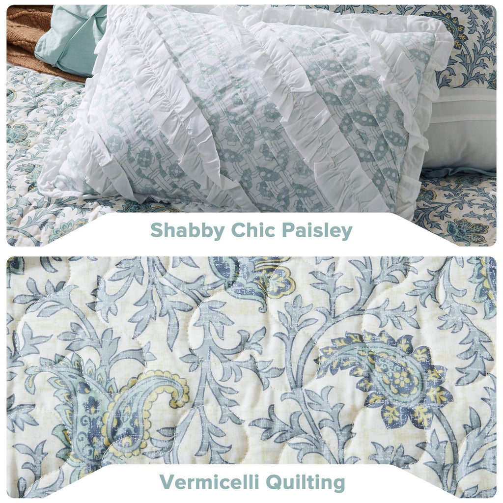 Madison Park Cotton Quilt Set Floral Print, Double Sided Stitching, All Season, Lightweight Coverlet Shabby Chic Bedding Layer, Matching Shams, King/Cal King, Aqua 6 Piece