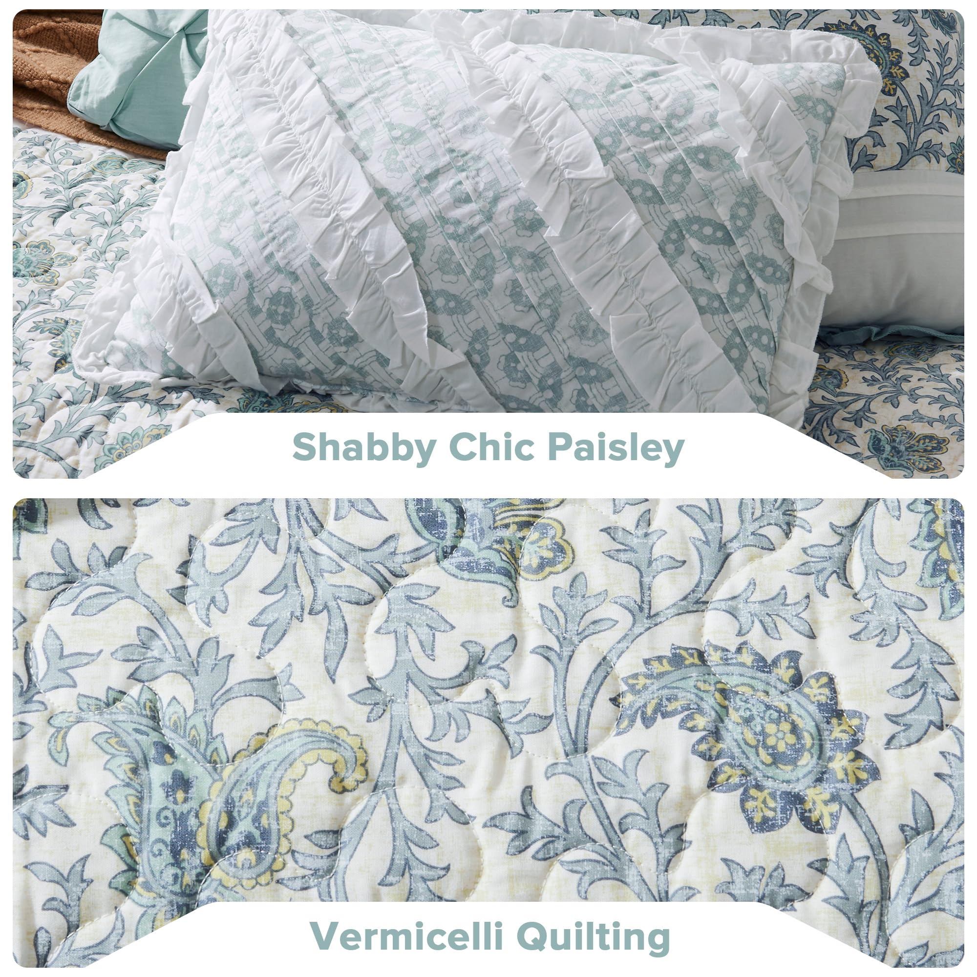 Madison Park Cotton Quilt Set Floral Print, Double Sided Stitching, All Season, Lightweight Coverlet Shabby Chic Bedding Layer, Matching Shams, King/Cal King, Aqua 6 Piece