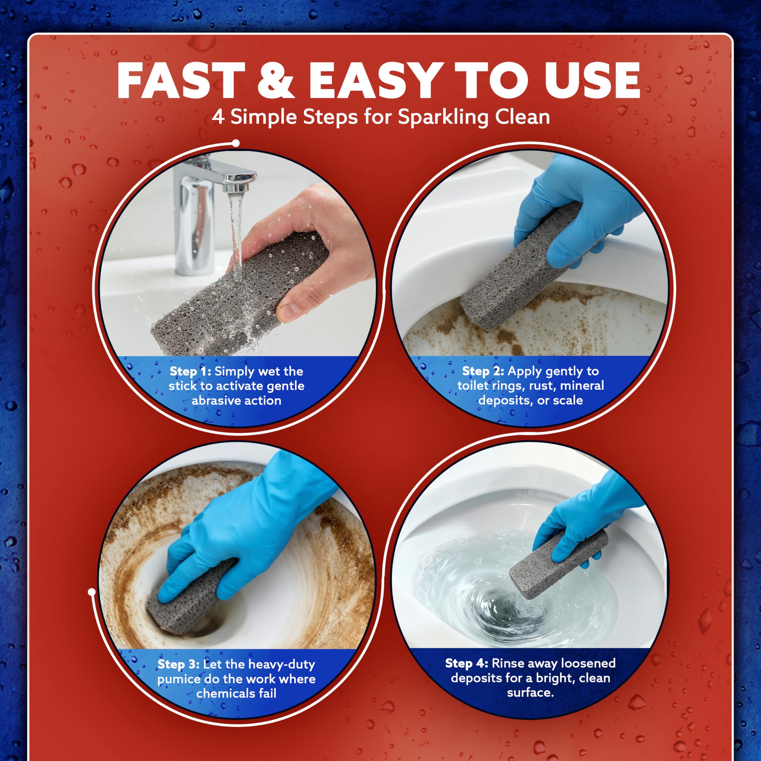 PUMIE Pumice Scouring Stick for Cleaning Toilet Bowl Rings & Hard Water Stains, Bathroom, Pools & Tubs, Pumice Stone for Toilet Cleaning, Rust, Grills, Food Build Ups, Pack of 4, includes Scouring Pad