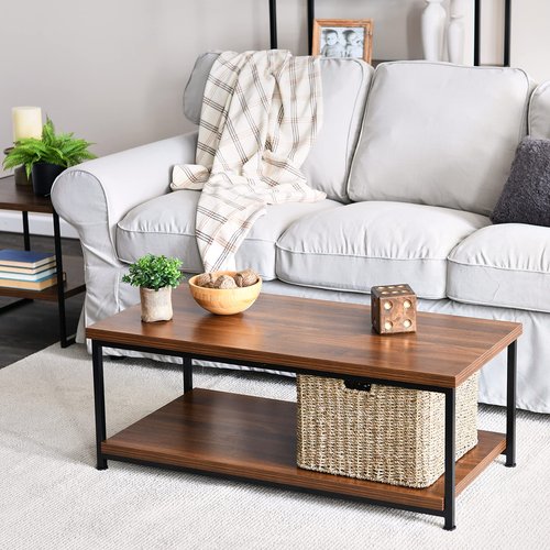 Household Essentials Jamestown Rectangular Coffee Table with Storage Shelf Mid Century Walnut Wood Grain and Black Metal