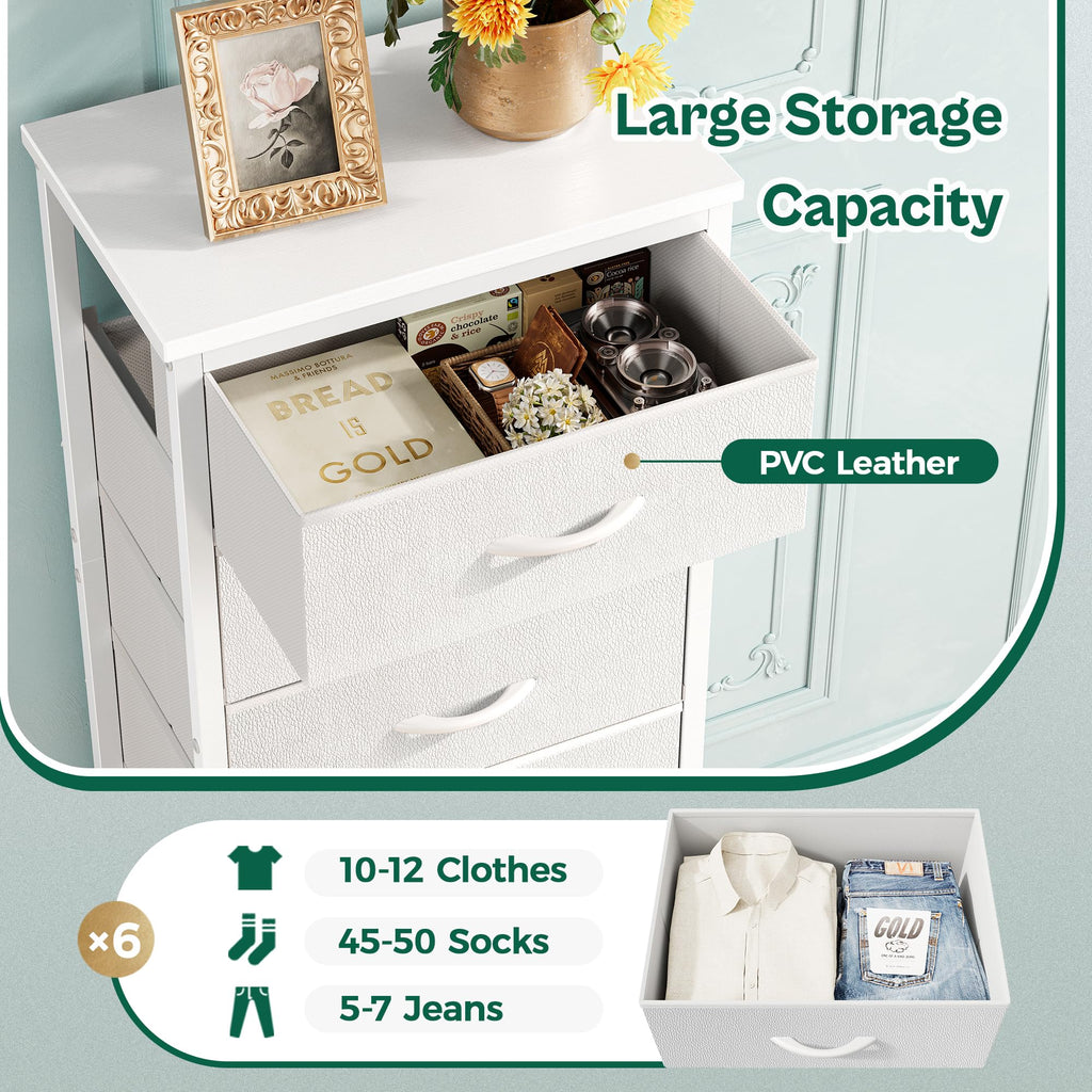 Huuger Tall Dresser for Bedroom, Stable 6 Drawer Dresser with Anti-Tip Device, PU Leather & Fabric Drawers, Tall Nightstand for Closet, Nursery, Storage Tower for College Dorm High Beds, White