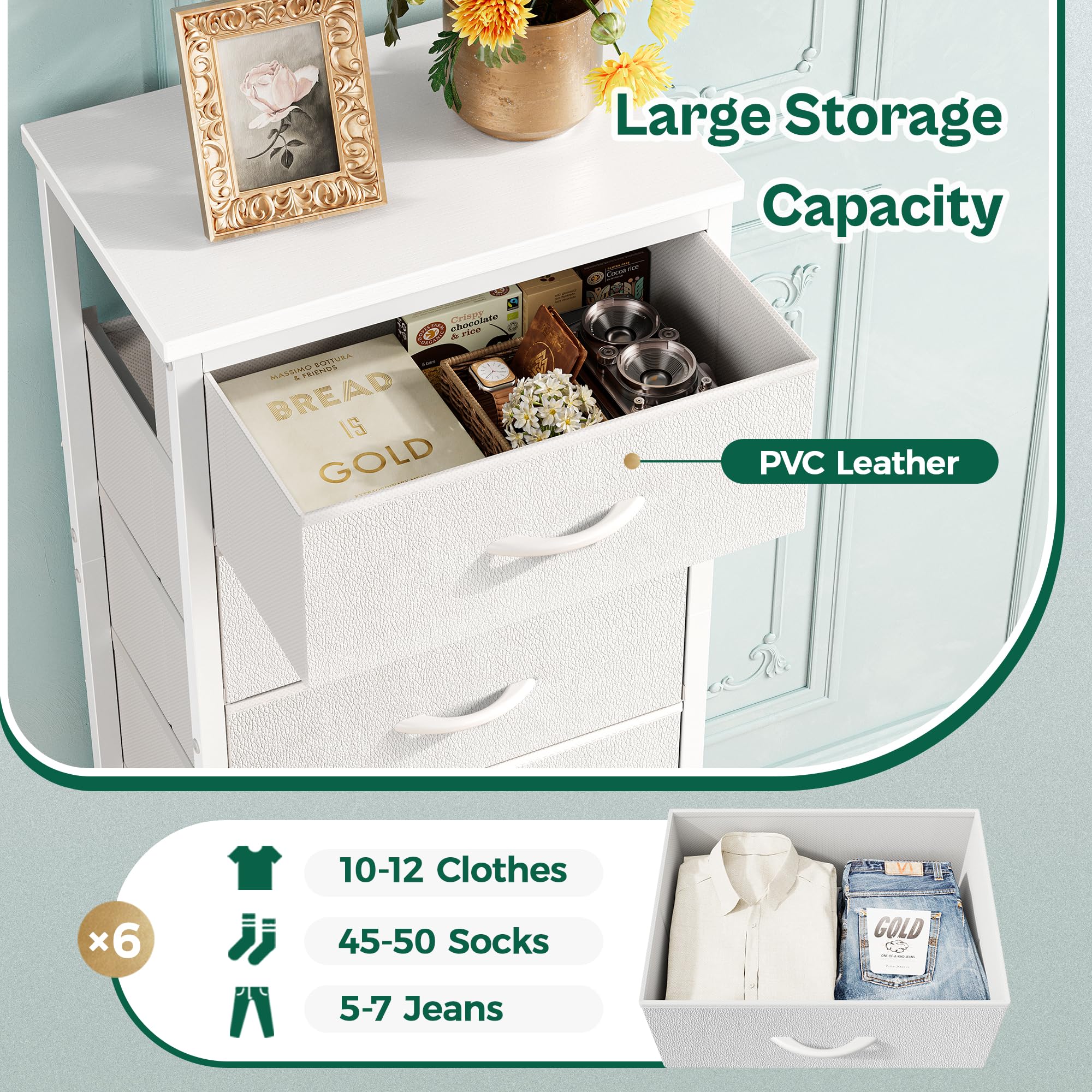 Huuger Tall Dresser for Bedroom, Stable 6 Drawer Dresser with Anti-Tip Device, PU Leather & Fabric Drawers, Tall Nightstand for Closet, Nursery, Storage Tower for College Dorm High Beds, White