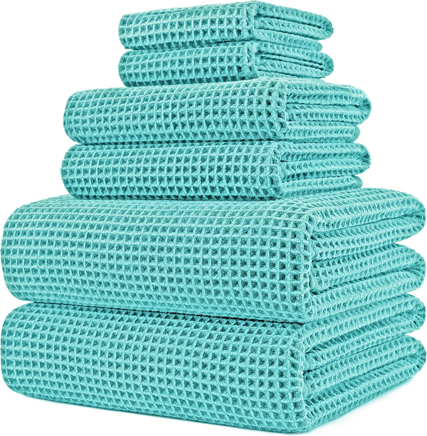 POLYTE Microfiber Bath Towel Set - Quick Dry, Lint-Free, Oversized | 6 Pieces in Waffle Weave