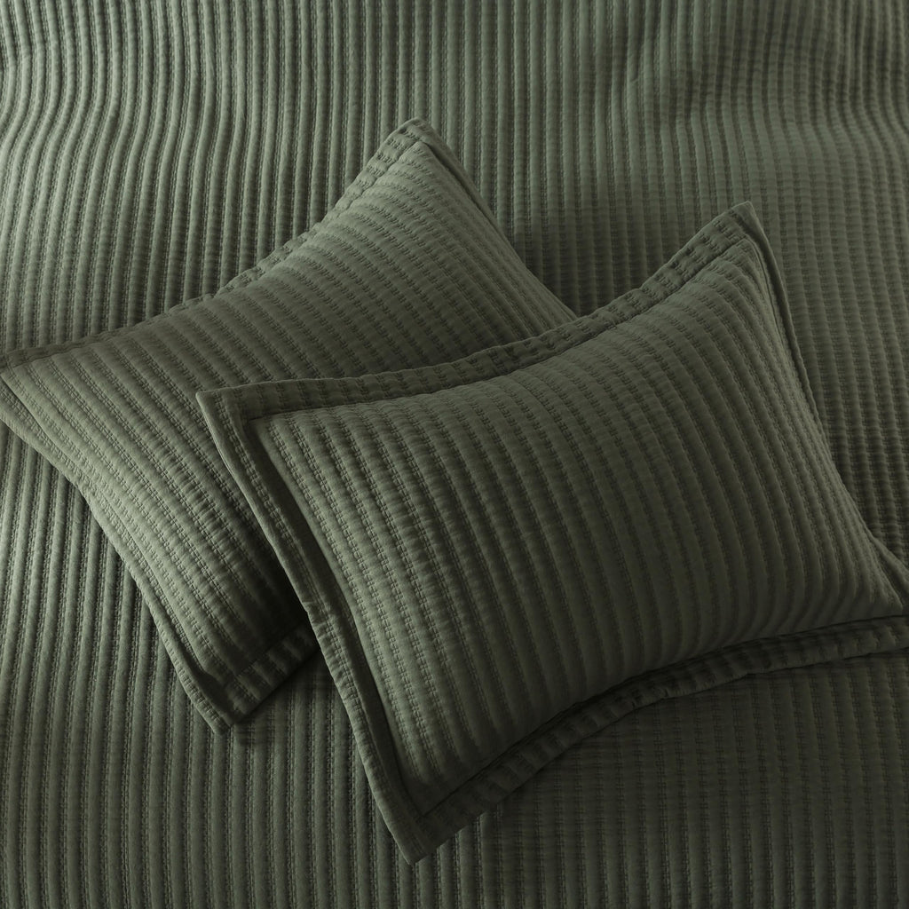 WDCOZY Olive Green Queen Size Quilt Set, Striped Pick Stitch Lightweight Bedspread, Soft Channel Farmhouse Rustic Coverlet, Spring Summer Thin Comforter, Country Bedding, 90x90 inches