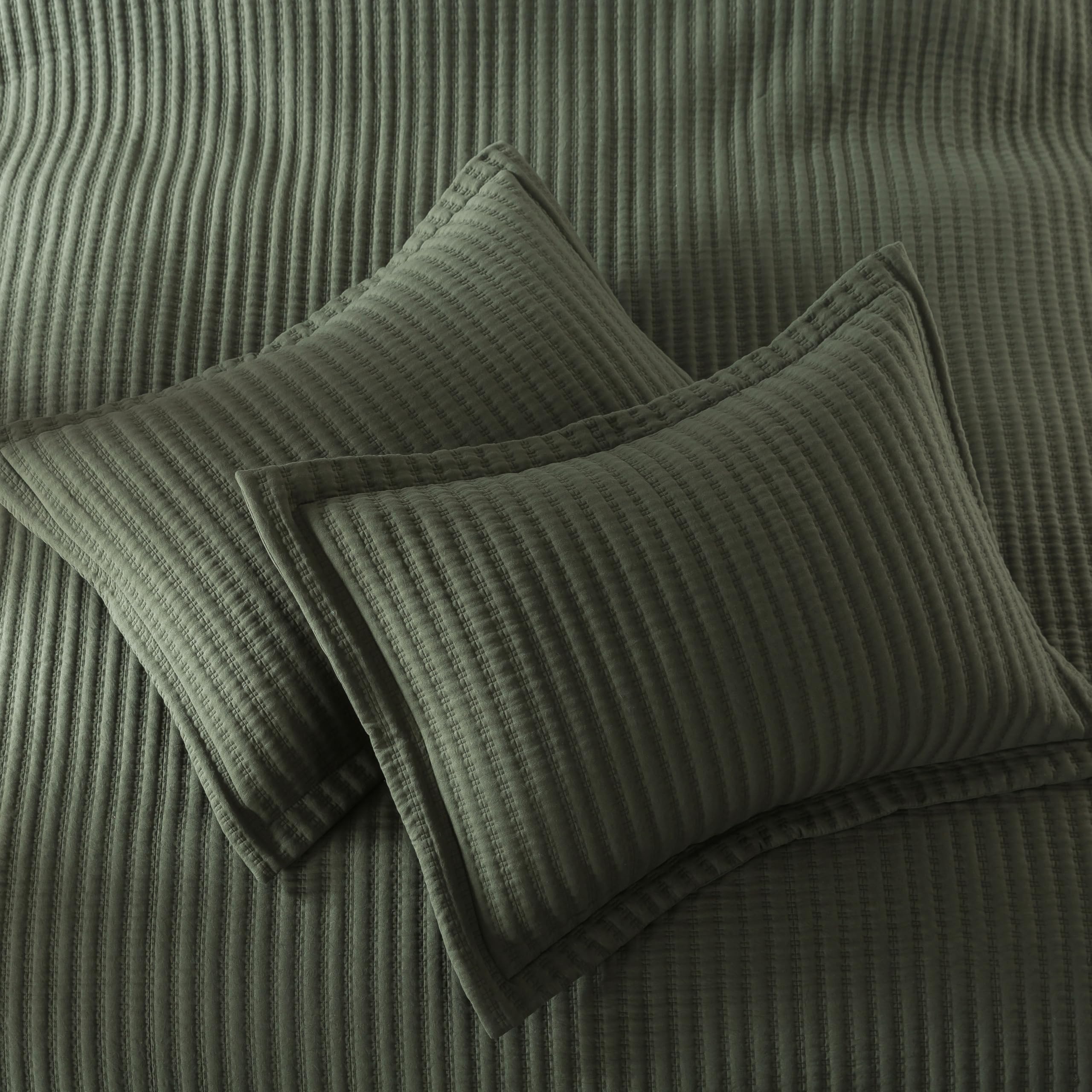 WDCOZY Olive Green Queen Size Quilt Set, Striped Pick Stitch Lightweight Bedspread, Soft Channel Farmhouse Rustic Coverlet, Spring Summer Thin Comforter, Country Bedding, 90x90 inches