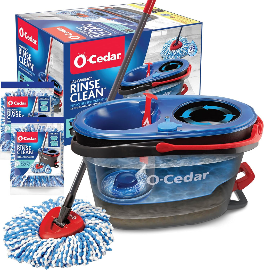 O-Cedar RinseClean Spin Mop & Bucket System - Includes 2 Extra Mop Heads | Cleans with Water & Eliminates 99% of Bacteria