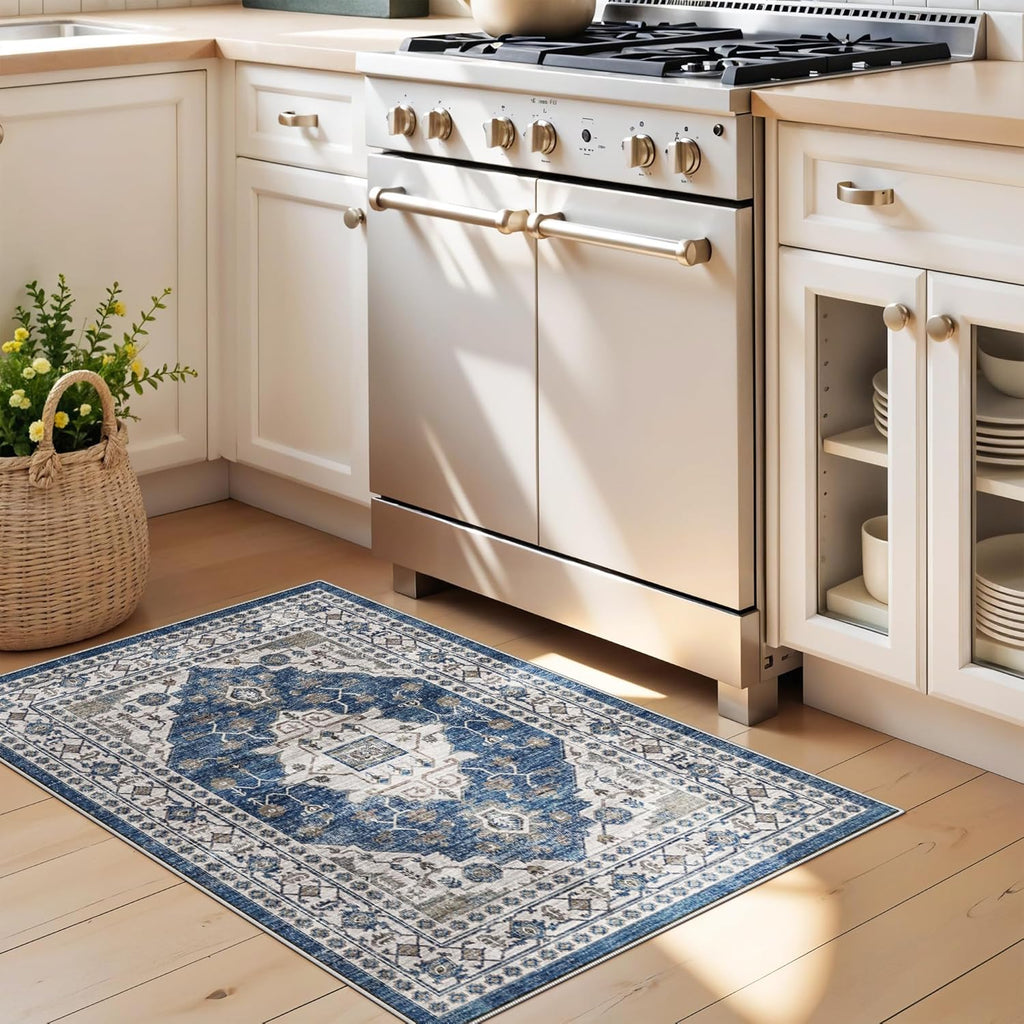 Skiennix Vintage Area Rug - Washable Soft Indoor Mat with Non-Slip Backing | 2x3 ft, Blue