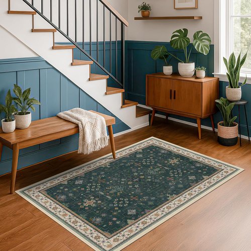 Hazo Haus Dark Green 4x6 Area Rug - Modern Vintage Boho Floral Design, Washable & Non-Slip for Home & Office