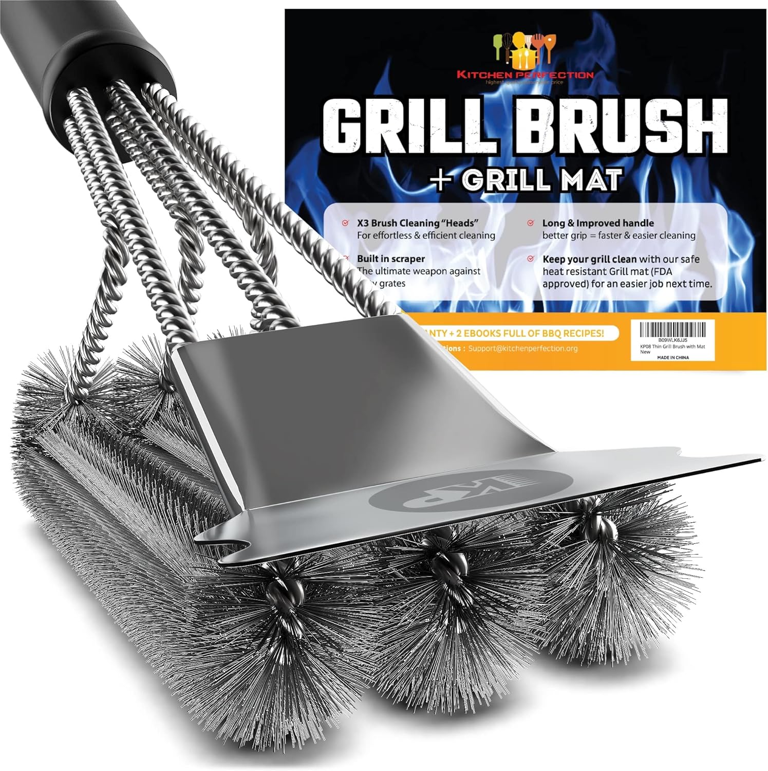**KITCHEN PERFECTION Grill Brush - Safe Wire BBQ Cleaner with Scraper & Mat | Extended Handle for Easy Use**