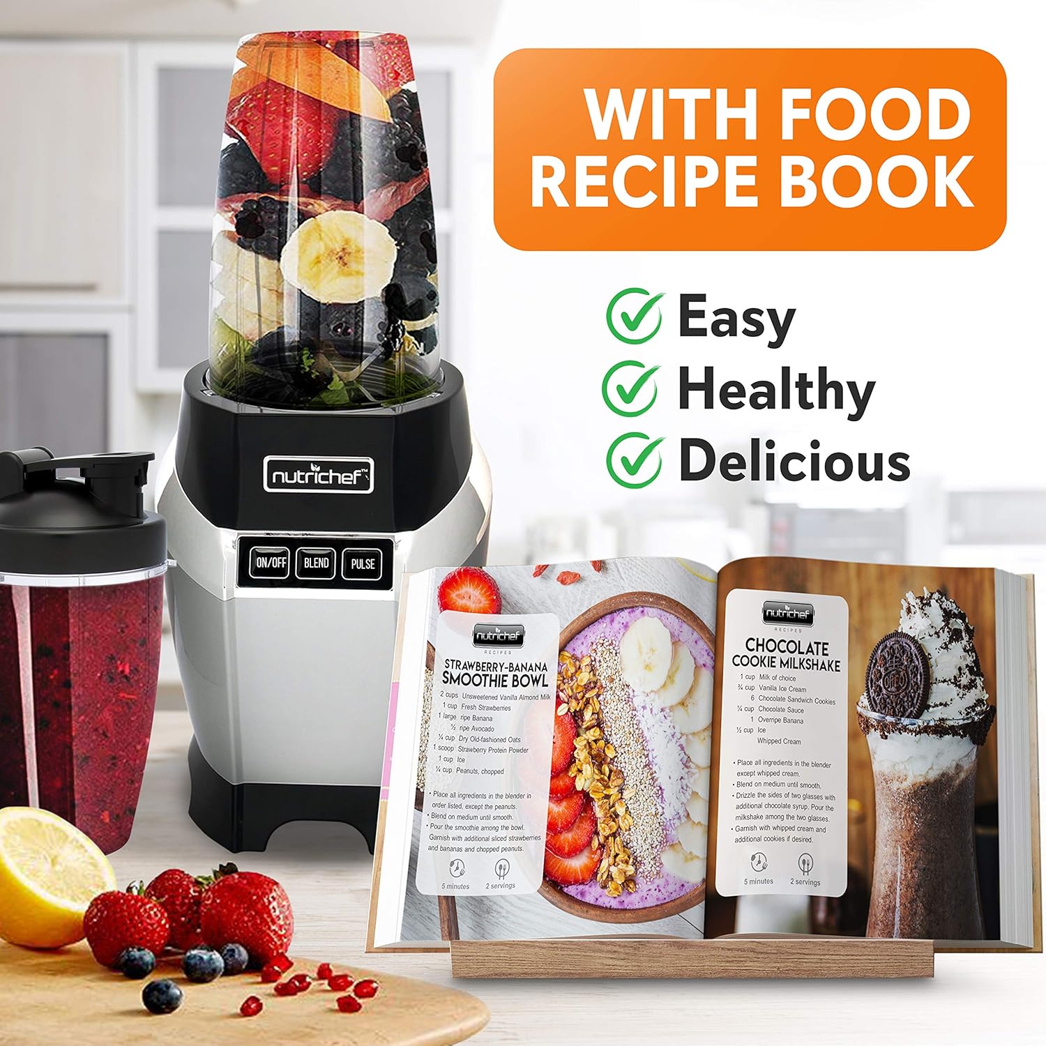 NutriChef Personal Electric Blender - Compact Mini Blender for Shakes & Smoothies, 20 & 24 oz Cups, Black