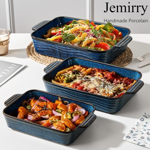 Kiln-Transformed Blue Ceramic Baking Dish Set - 3 Square Casserole Dishes with Handles for Oven Use