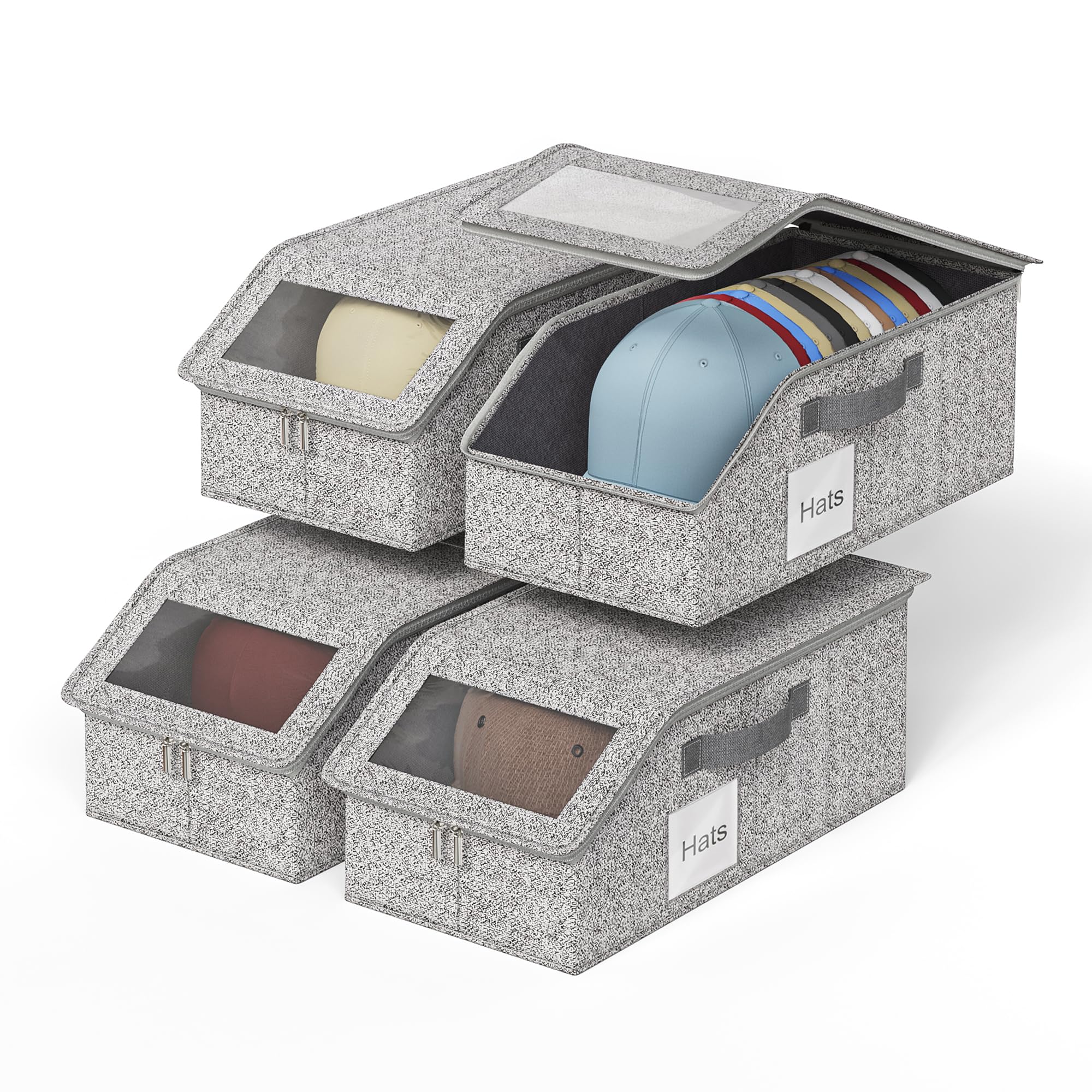 WYZJC 4 PCS Hat Organizer for Baseball Caps, Multi Functional Storage Box (Accommodates 48 Hats) with Visible Window and Zipper - Gray