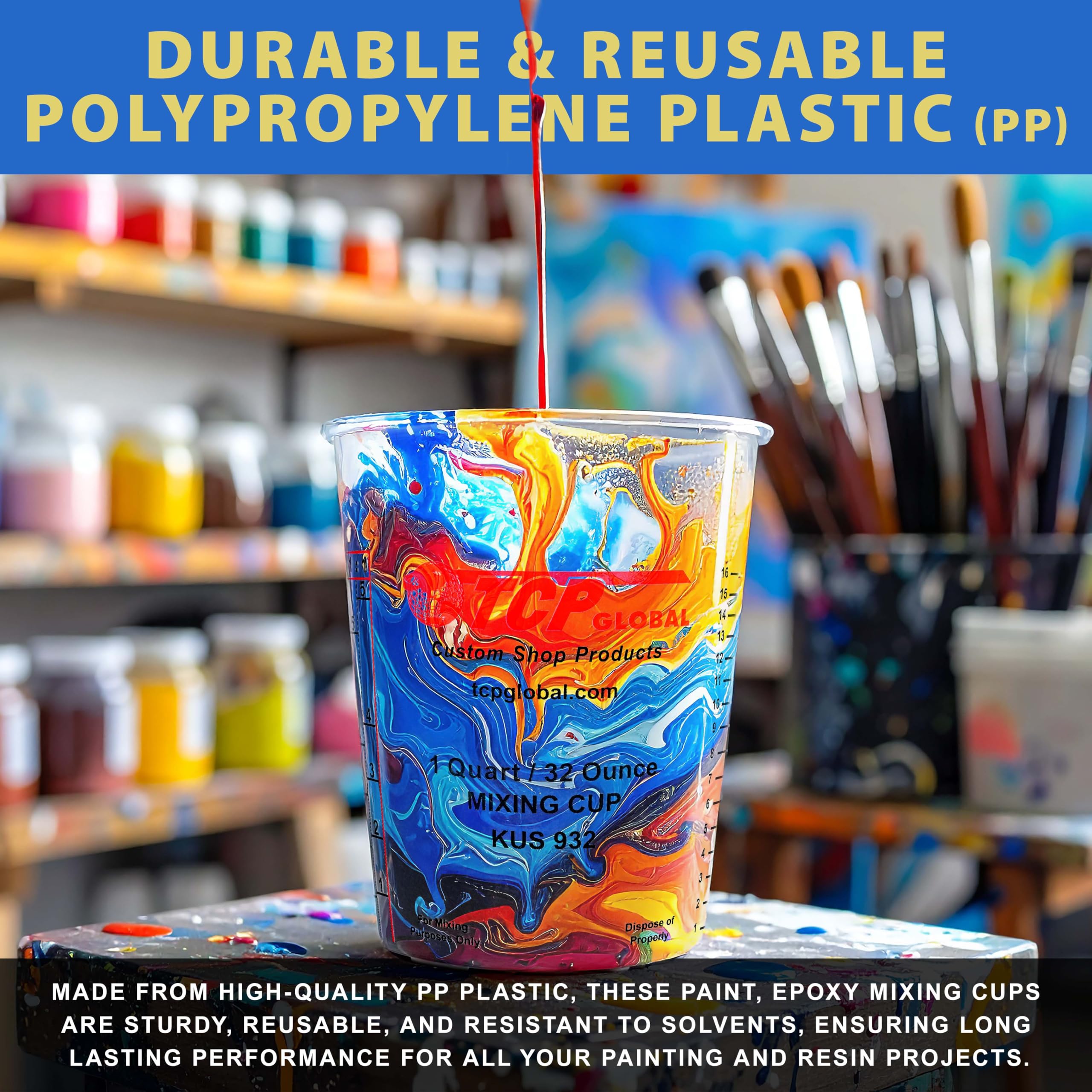 Custom Shop Paint Mixing Cups, 32-Ounce (Box of 100) - Plastic Measuring Cups for Liquids, Automotive Painting, Epoxy Resin, Acrylic Arts, Crafts, Disposable or Reusable, Graduated, Mixing Ratios
