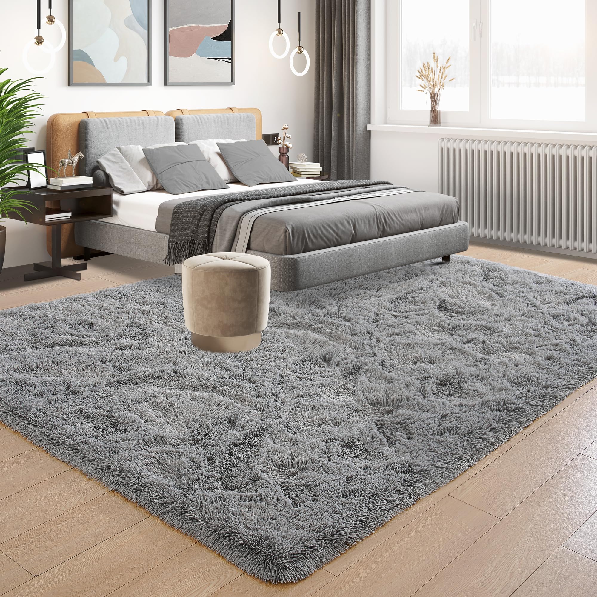 Tepook Fluffy Large Rugs for Living Room, Shag Area Rug 6x9 Soft Carpet for Bedroom, Modern Shaggy Rug for Kids Boys Girls, Plush Indoor Nursery Home Decor Rug with Non-Slip Bottom, Grey, 6 X 9 Feet