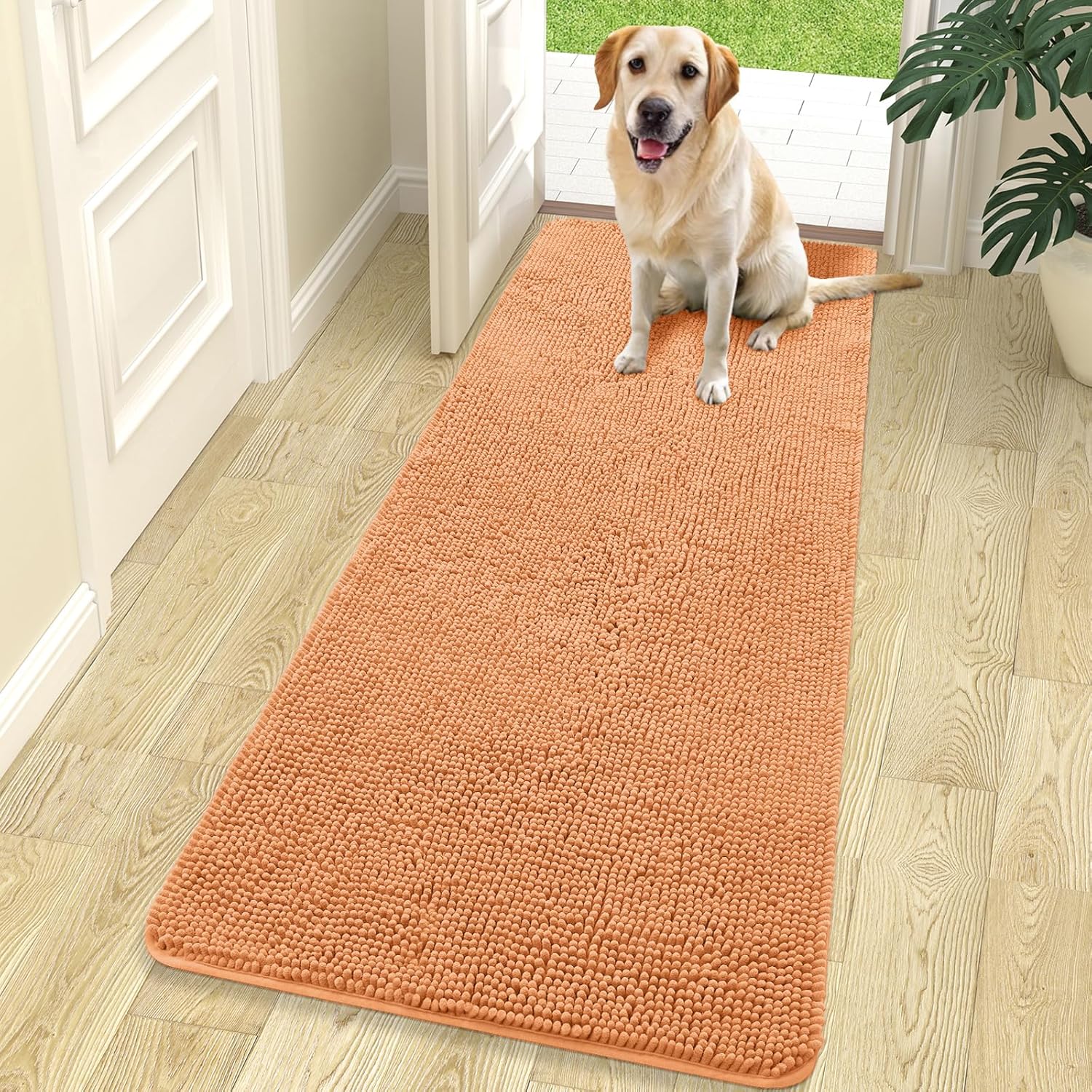 OLANLY Dog Door Mat - Absorbent Non-Slip Washable Chenille Mat for Muddy Paws | 70x24 Inches, Orange