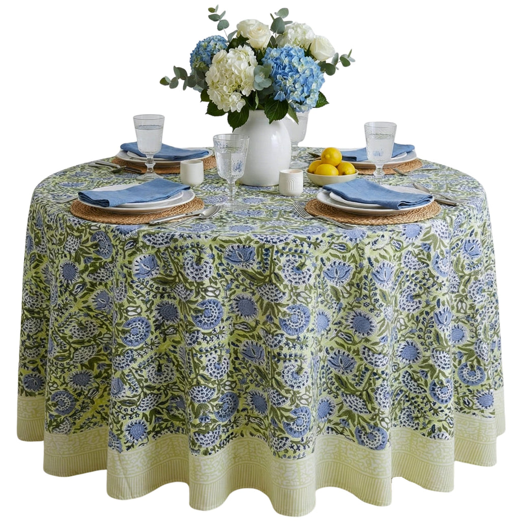 ATOSII Amara 100% Cotton Round Summer Tablecloth, Handblock Print Floral Table Cloth for Kitchen Dining Linen I Parties, Weddings, Outdoors I Grand Millennial Farmhouse Home Decor 72" Inches Round
