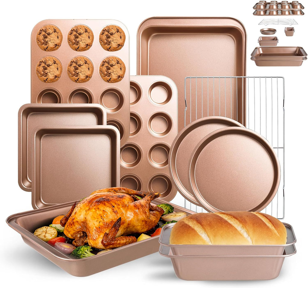 Champagne 11-Piece Nonstick Baking Pans Set - Professional Grade Carbon Steel Bakeware, Dishwasher Safe & Oven Safe to 450°F