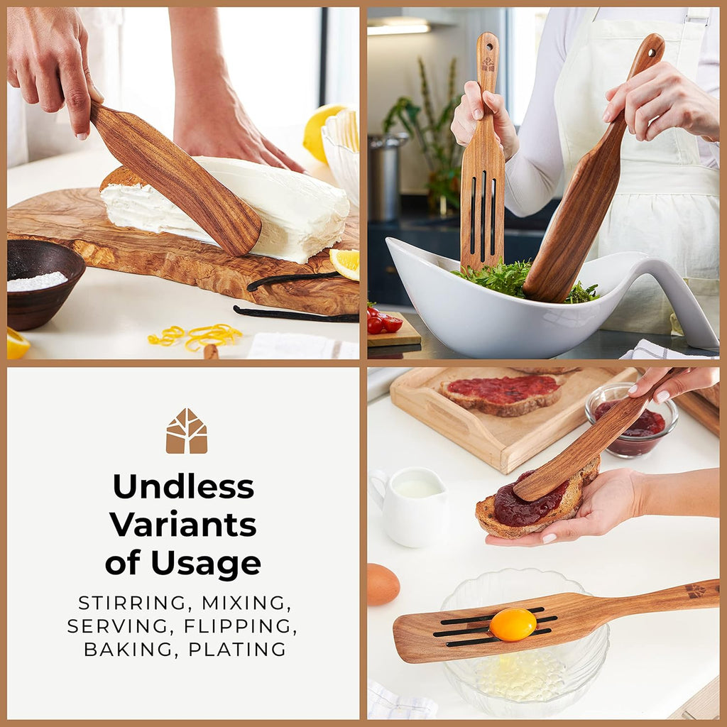 Woodenhouse Teak Spurtle Set of 5 - Versatile Kitchen Tools for Serving, Stirring, Mixing & Scraping