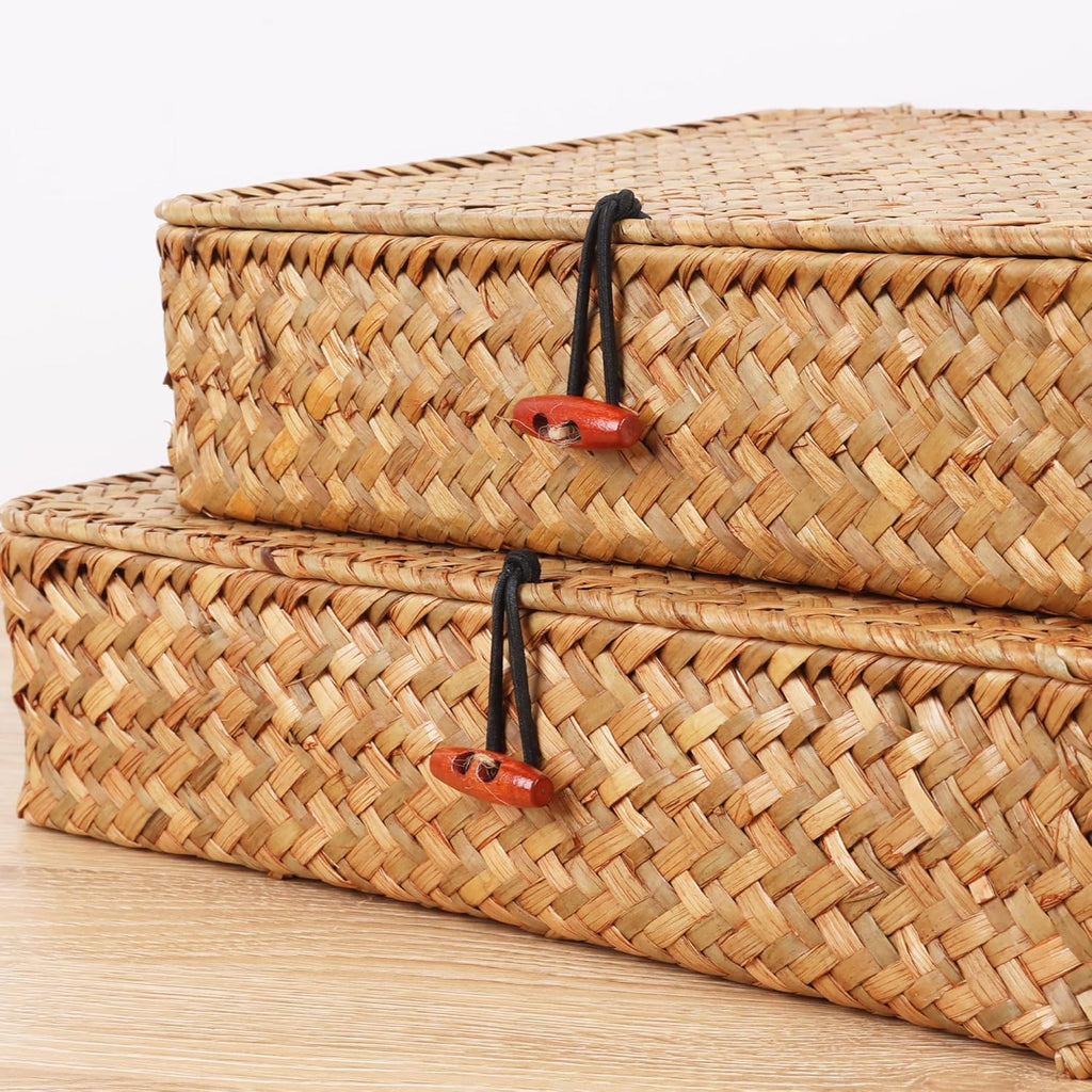 Moosky Wicker Shelf Baskets - Seagrass Storage Bins with Lids | Natural Set of 2 for Home Organization