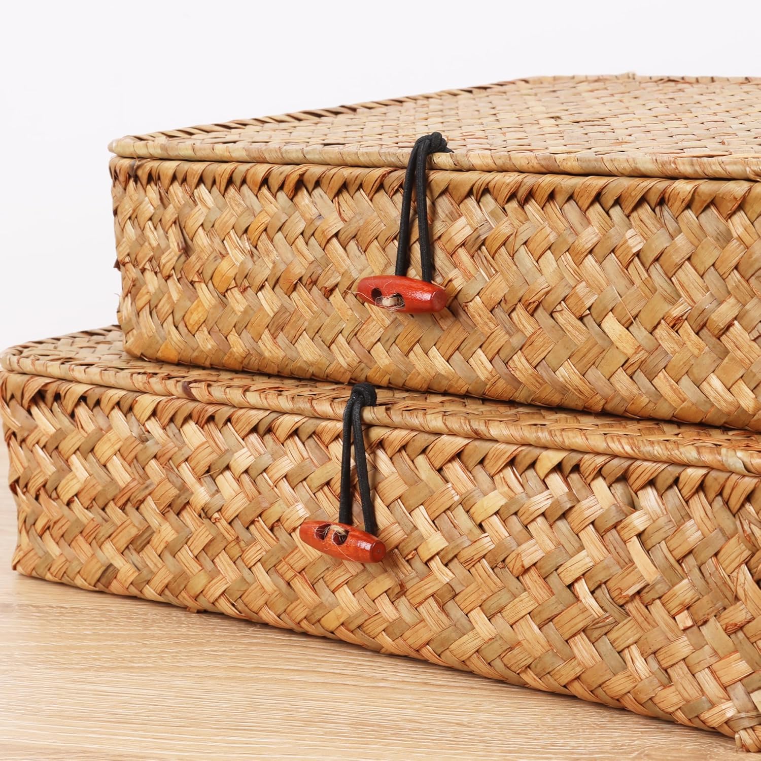 Moosky Wicker Shelf Baskets - Seagrass Storage Bins with Lids | Natural Set of 2 for Home Organization