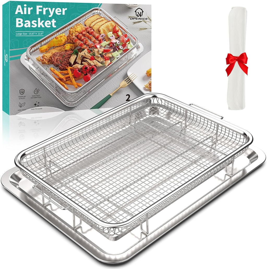 OPENICE Large Air Fryer Basket - 15.3" x 11.0" Stainless Steel Tray with 30 Parchment Papers | Ideal for Baking & Grilling