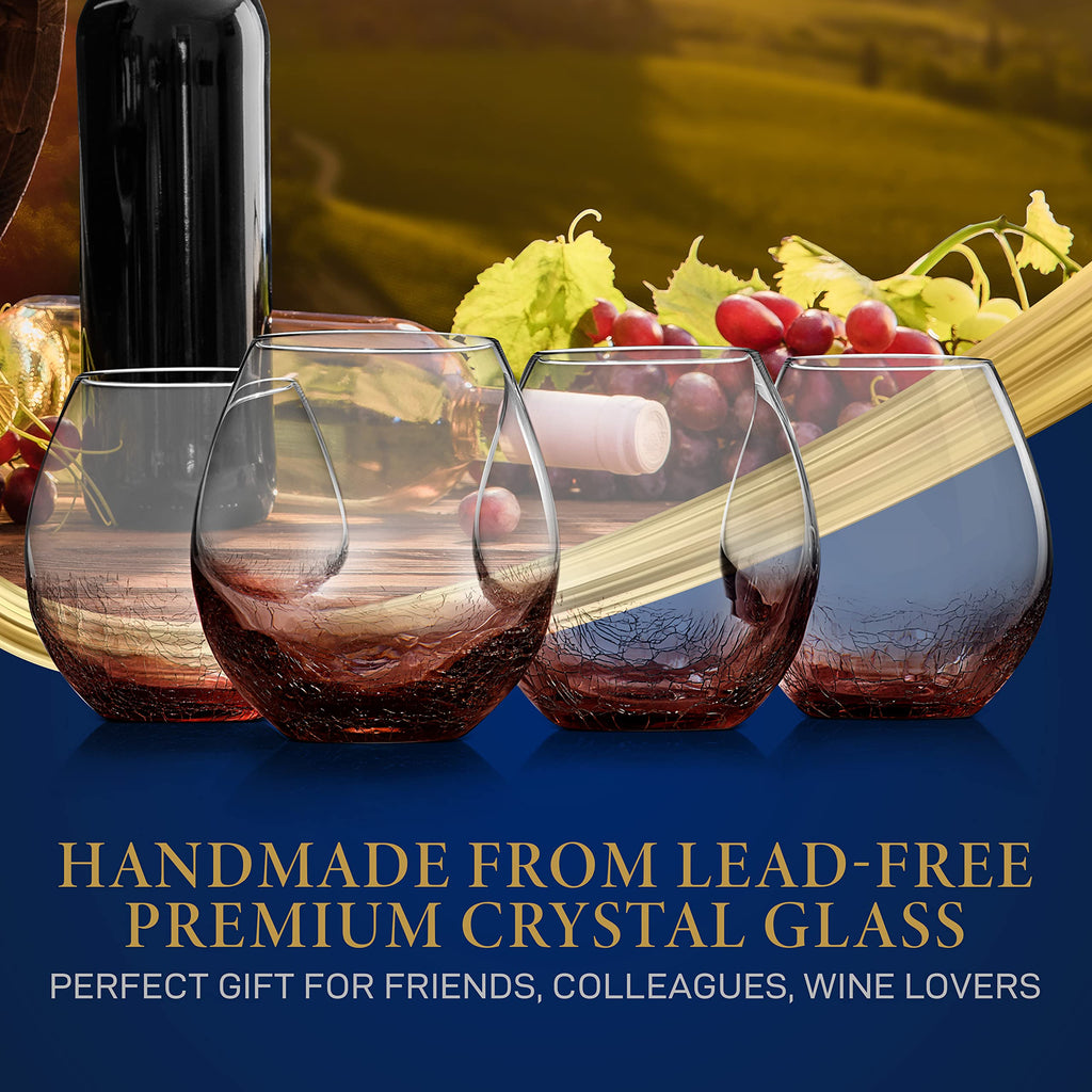 NutriChef 19 Ounce Stemless Wine Glasses For Red or White Wine (Set of 4) For Party And Gifting Clear, Lead-Free, and Ice Crack Design