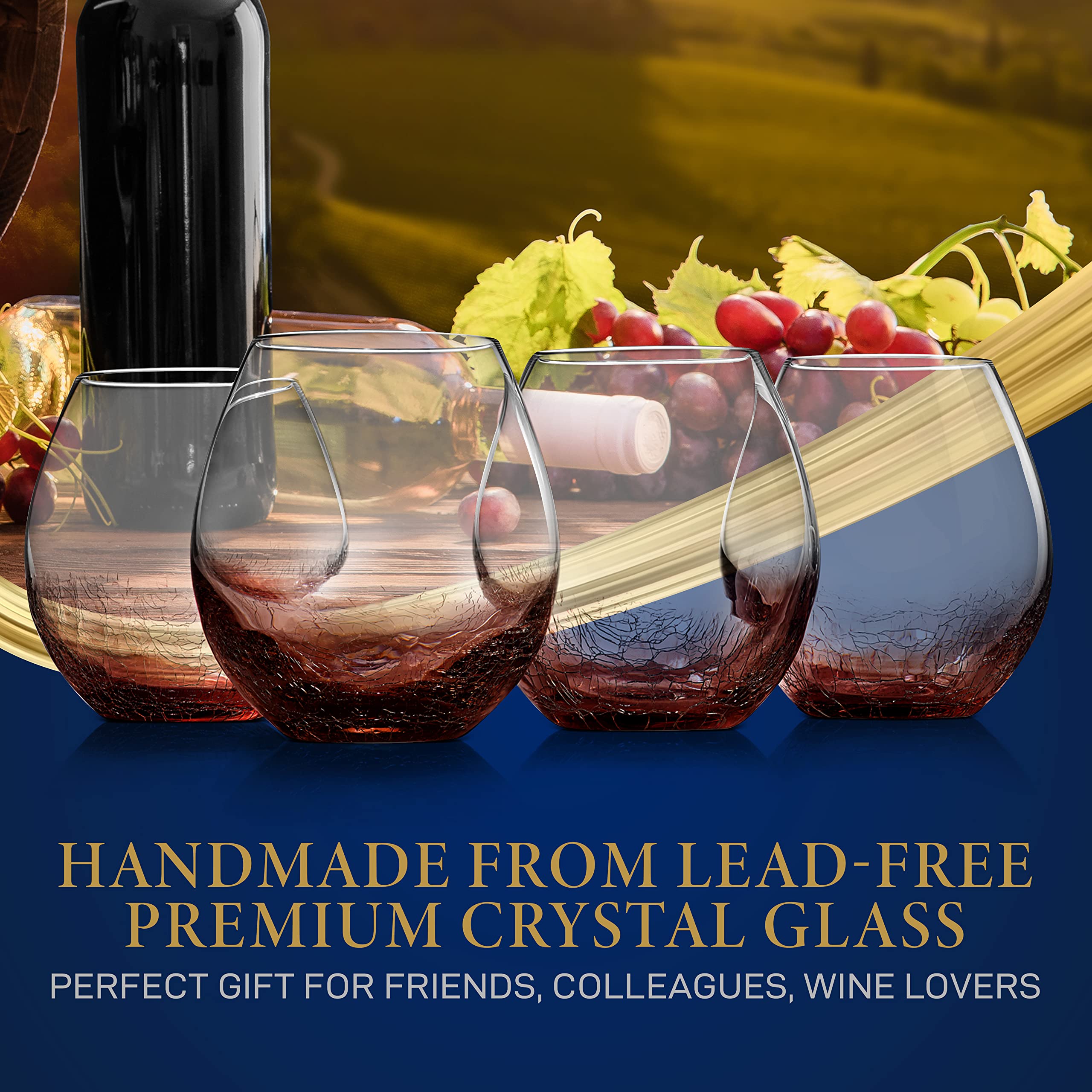 NutriChef 19 Ounce Stemless Wine Glasses For Red or White Wine (Set of 4) For Party And Gifting Clear, Lead-Free, and Ice Crack Design