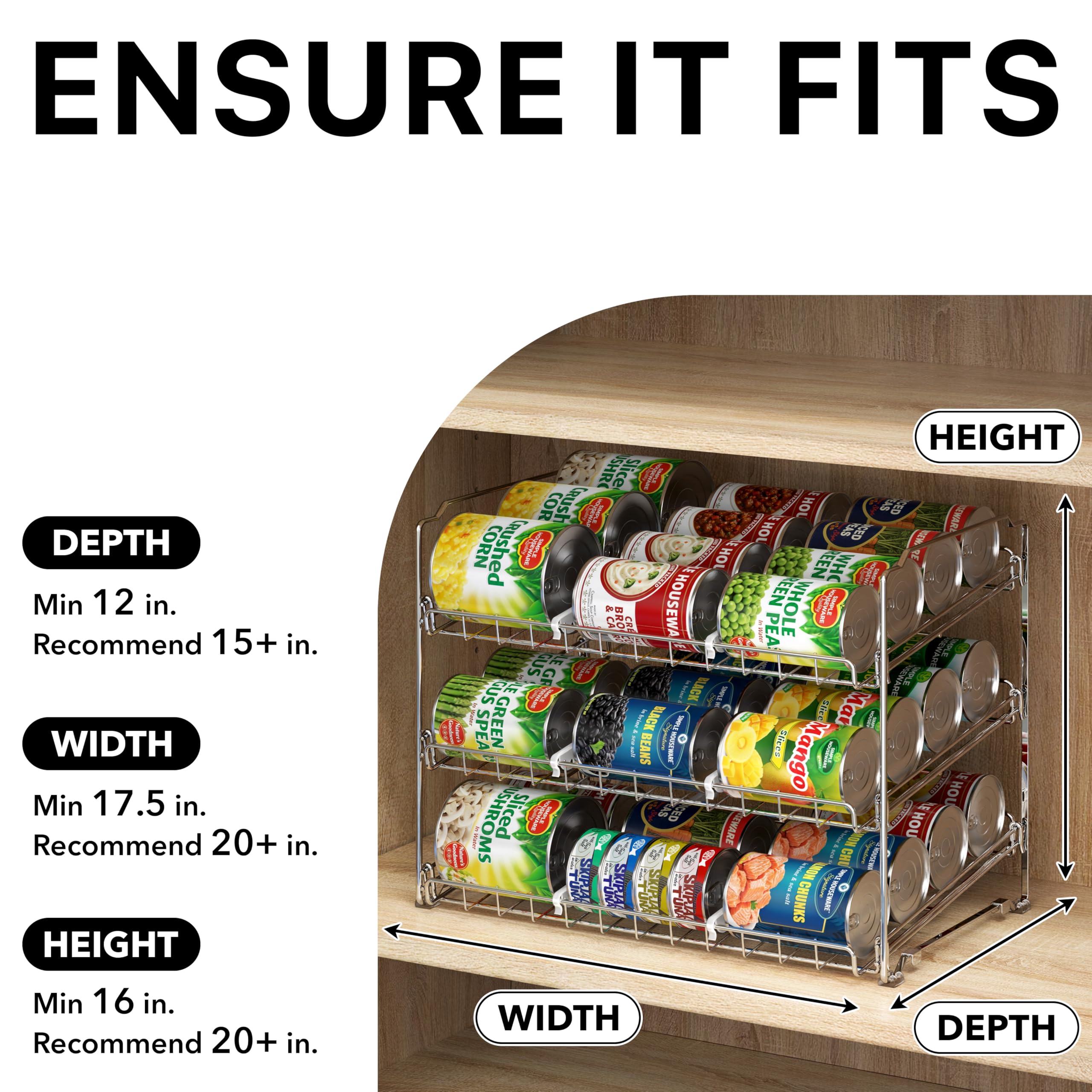 Simple Houseware Stackable Can Organizer Rack for Pantry/Cabinet – 11.5" D x 17" W x 13.75" H, Holds 36 Cans, 3-Tier Can Food Storage Dispenser, Chrome
